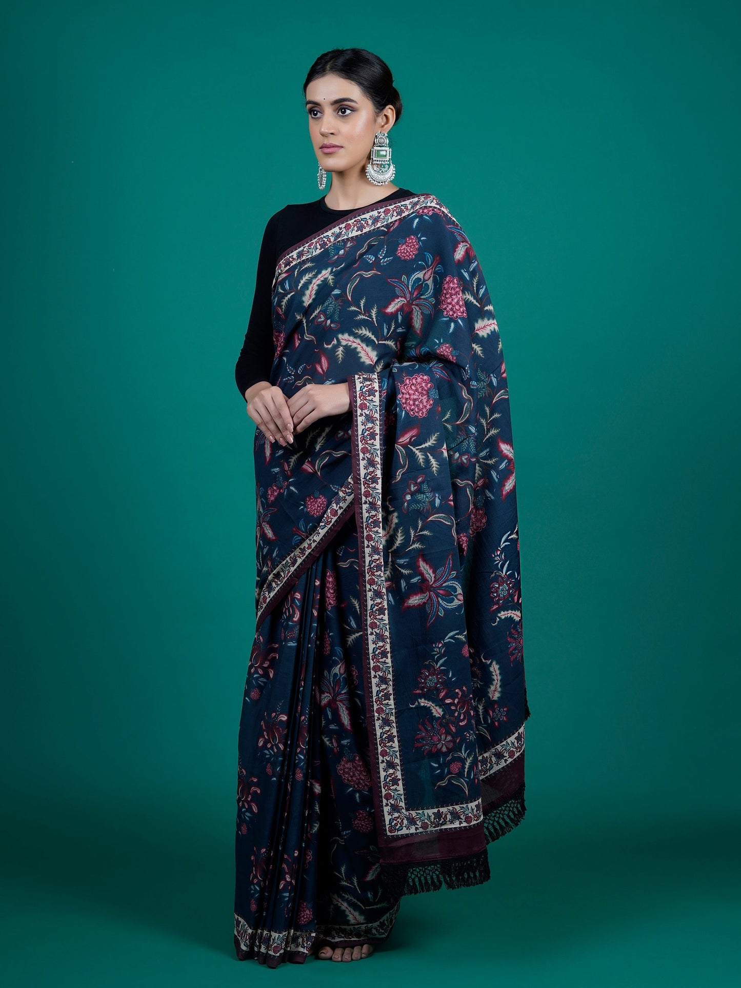 Buta Buti Blue Color Floral Printed Pure Cotton Saree With Unstitched Blouse And lace