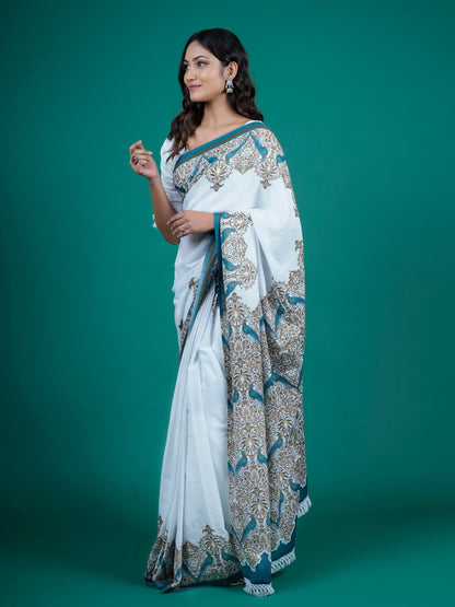 Buta Buti White Color Floral Printed Pure Cotton Saree With Unstitched Blouse And lace