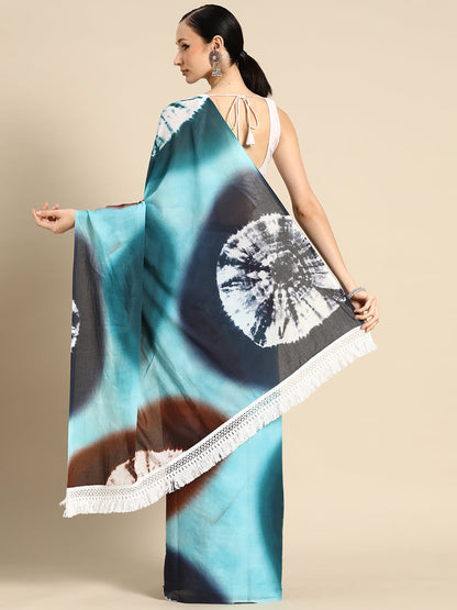 Buta Buti Blue Colour Tie and Dye Printed Pure Cotton Saree With Unstitched Blouse And Lace