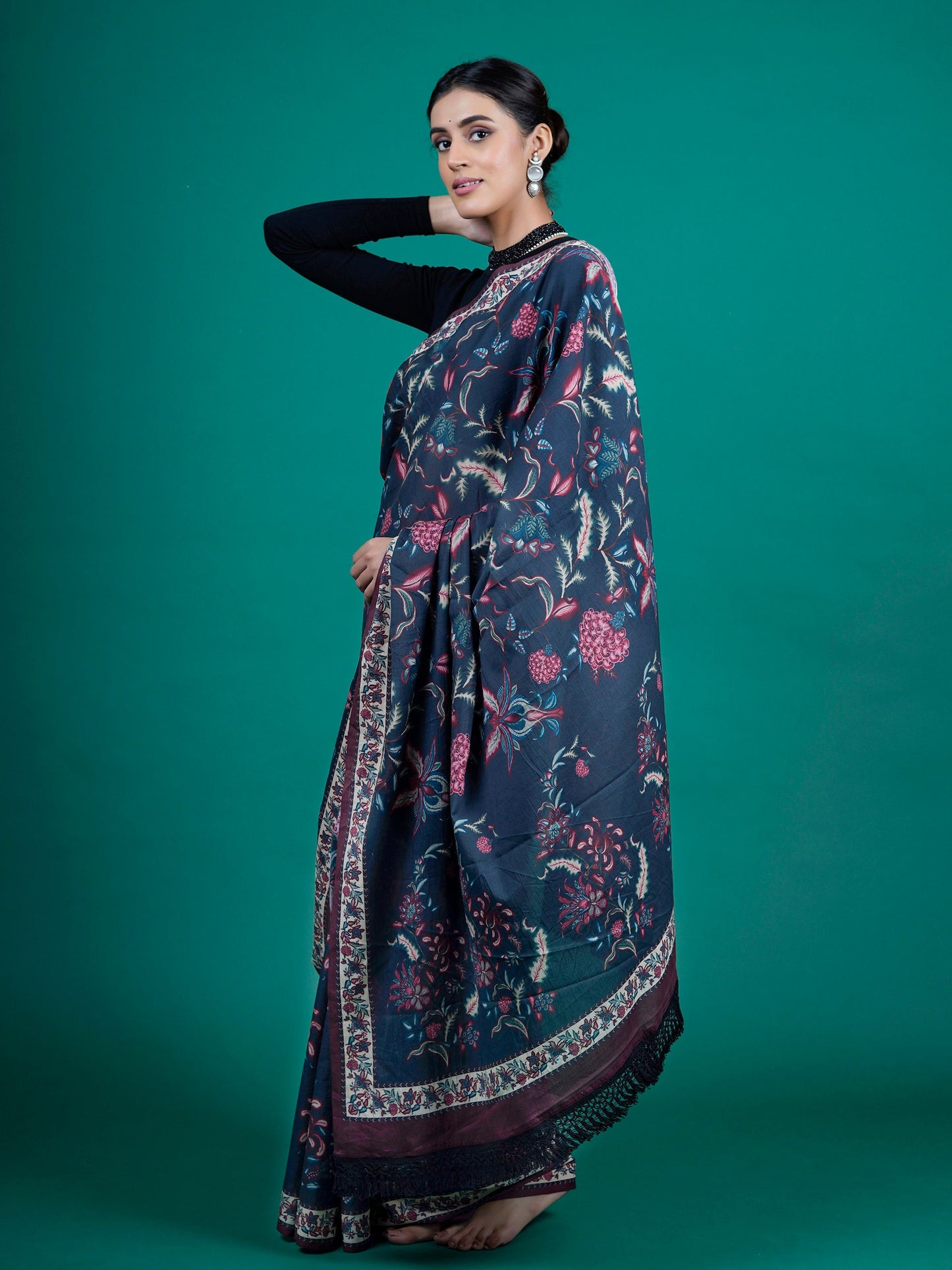 Buta Buti Blue Color Floral Printed Pure Cotton Saree With Unstitched Blouse And lace