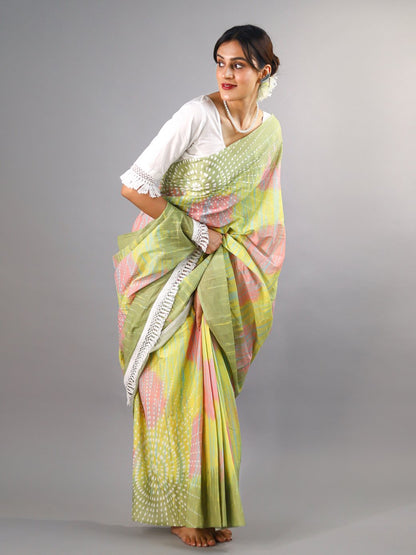 Green Tie-Dye Cotton Saree