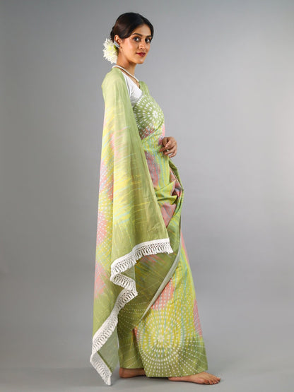 Green Tie-Dye Cotton Saree