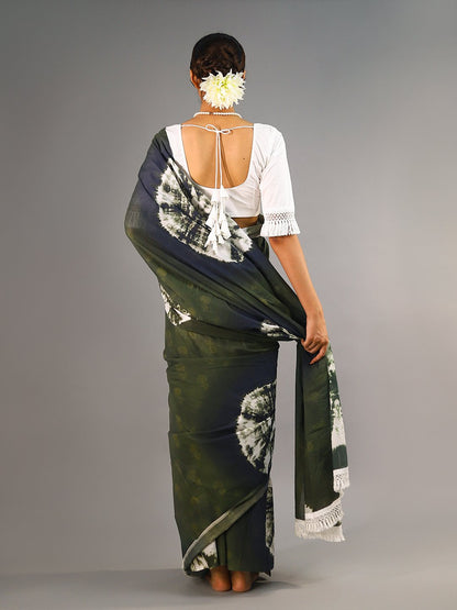 Buta Buti Green Colour Tie and Dye Printed Pure Cotton Saree With Unstitched Blouse And Lace