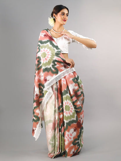 Buta Buti Peach Colour Tie and Dye Printed Pure Cotton Saree With Unstitched Blouse And Lace