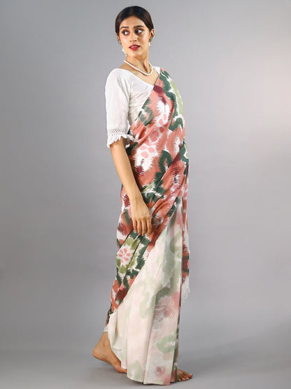 Buta Buti Peach Colour Tie and Dye Printed Pure Cotton Saree With Unstitched Blouse And Lace