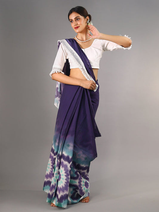 Buta Buti Purple Colour Tie and Dye Printed Pure Cotton Saree With Unstitched Blouse And Lace