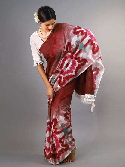 Buta Buti Red Colour Abstract Printed Pure Cotton Saree With Unstitched Blouse And lace