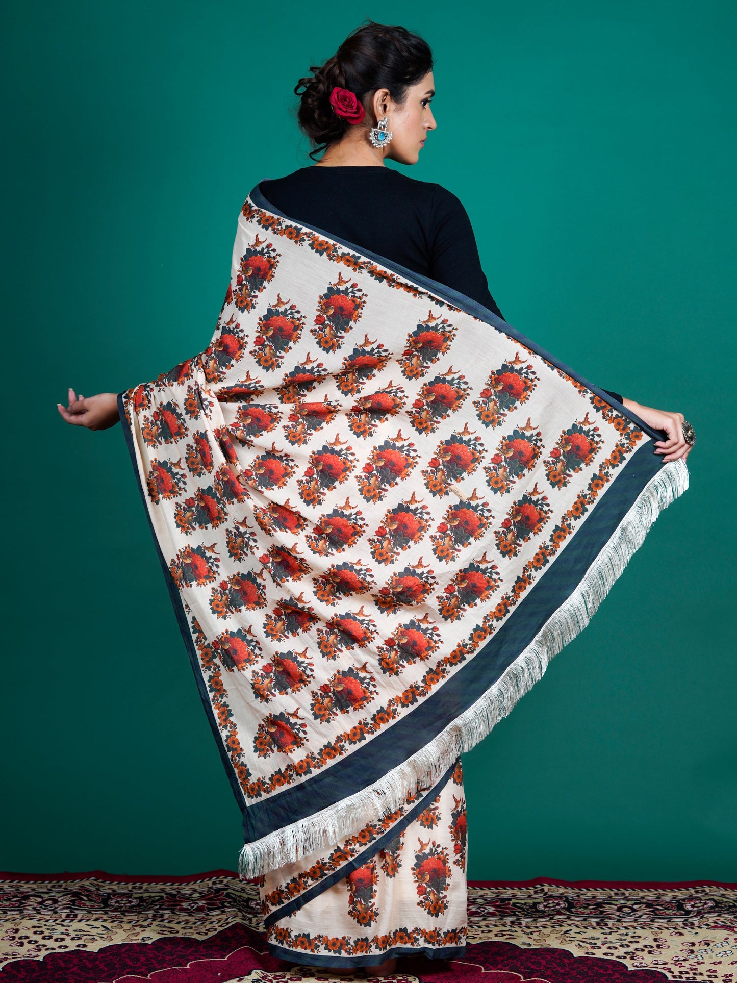 Buta Buti Beige Color Floral Printed Pure Cotton Saree With Unstitched Blouse And lace