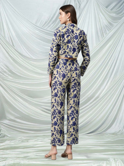 Blue Beige Floral Printed Short Blazer Coordset