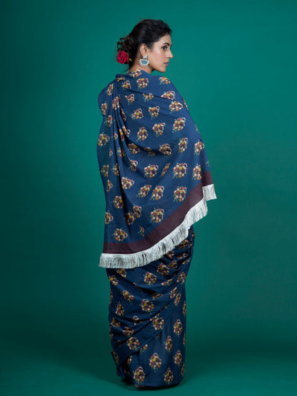 Buta Buti Floral Printed Cotton Tasseled Saree