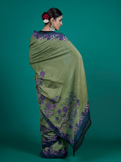 Buta Buti Green Color Floral Printed Pure Cotton Saree With Unstitched Blouse And lace