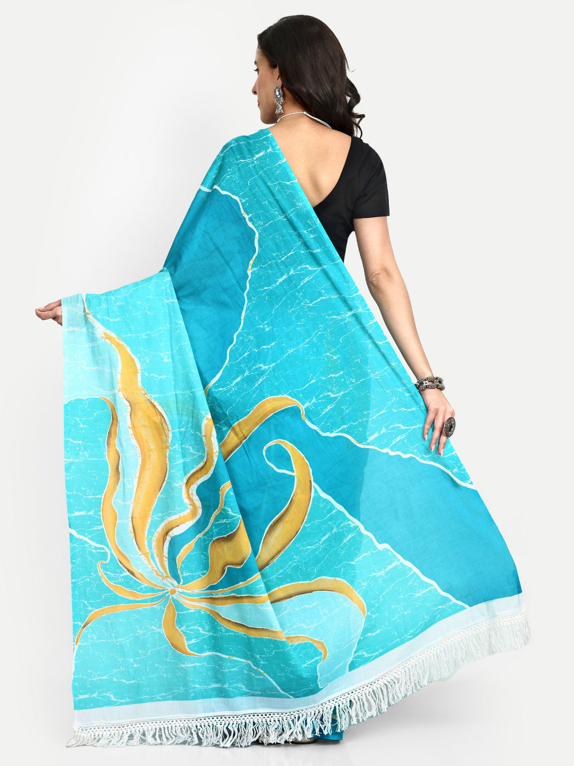 Buta Buti Batik Print Pure Cotton Tasseled Saree