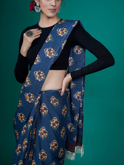 Buta Buti Floral Printed Cotton Tasseled Saree