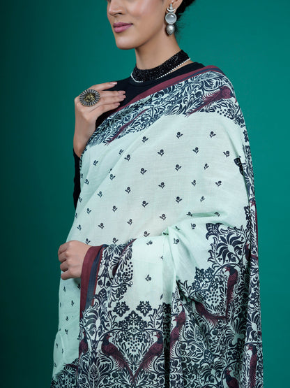 Buta Buti Sea Green Color Floral Printed Pure Cotton Saree With Unstitched Blouse And lace