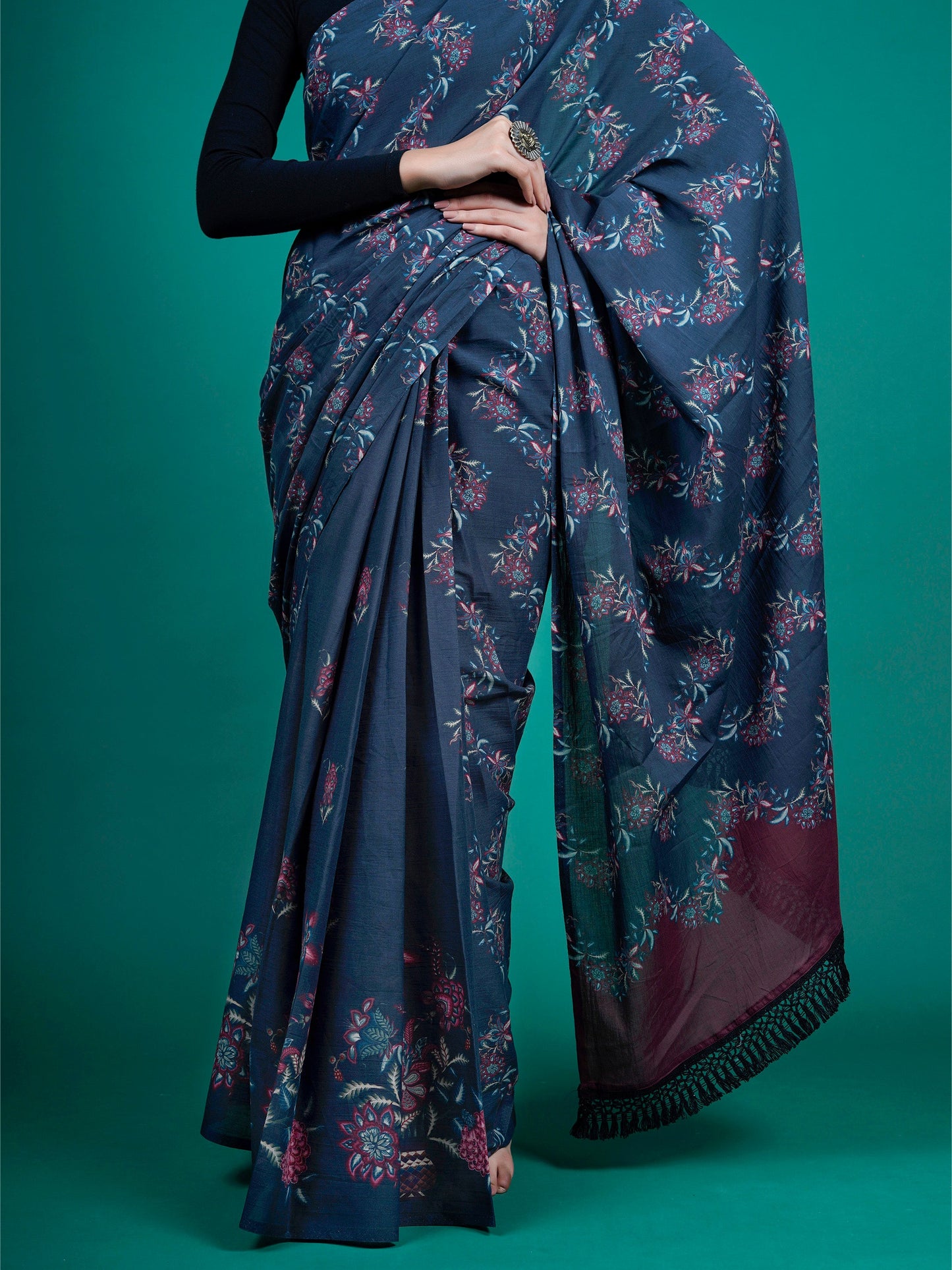 Buta Buti Blue Color Floral Printed Pure Cotton Saree With Unstitched Blouse And lace