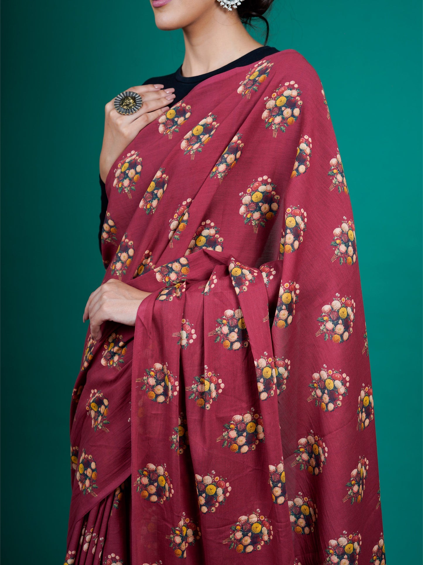 Buta Buti Maroon Color Floral Printed Pure Cotton Saree With Unstitched Blouse And lace