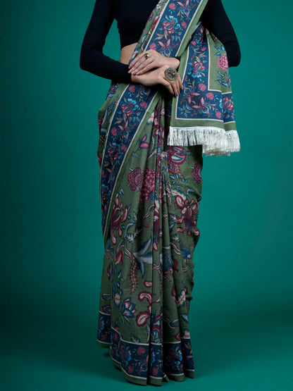 Buta Buti Chintz Floral Printed Cotton Tasseled Saree