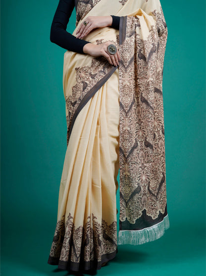 Buta Buti Beige Color Floral Printed Pure Cotton Saree With Unstitched Blouse And lace