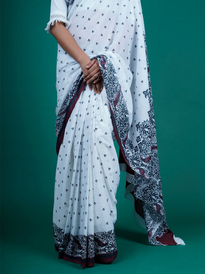 Buta Buti White Color Floral Printed Pure Cotton Saree With Unstitched Blouse And lace