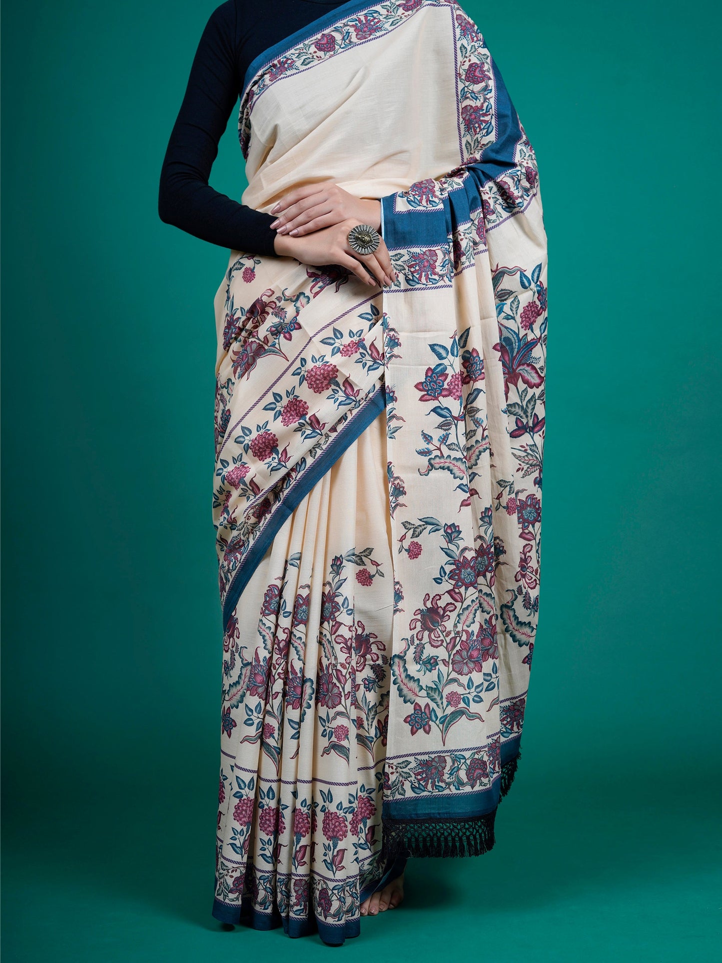 Beige Floral Cotton Saree