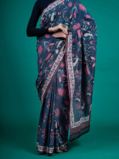 Buta Buti Blue Color Floral Printed Pure Cotton Saree With Unstitched Blouse And lace