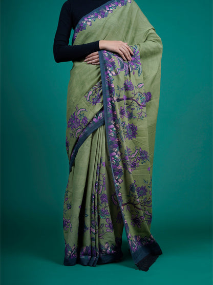 Buta Buti Green Color Floral Printed Pure Cotton Saree With Unstitched Blouse And lace