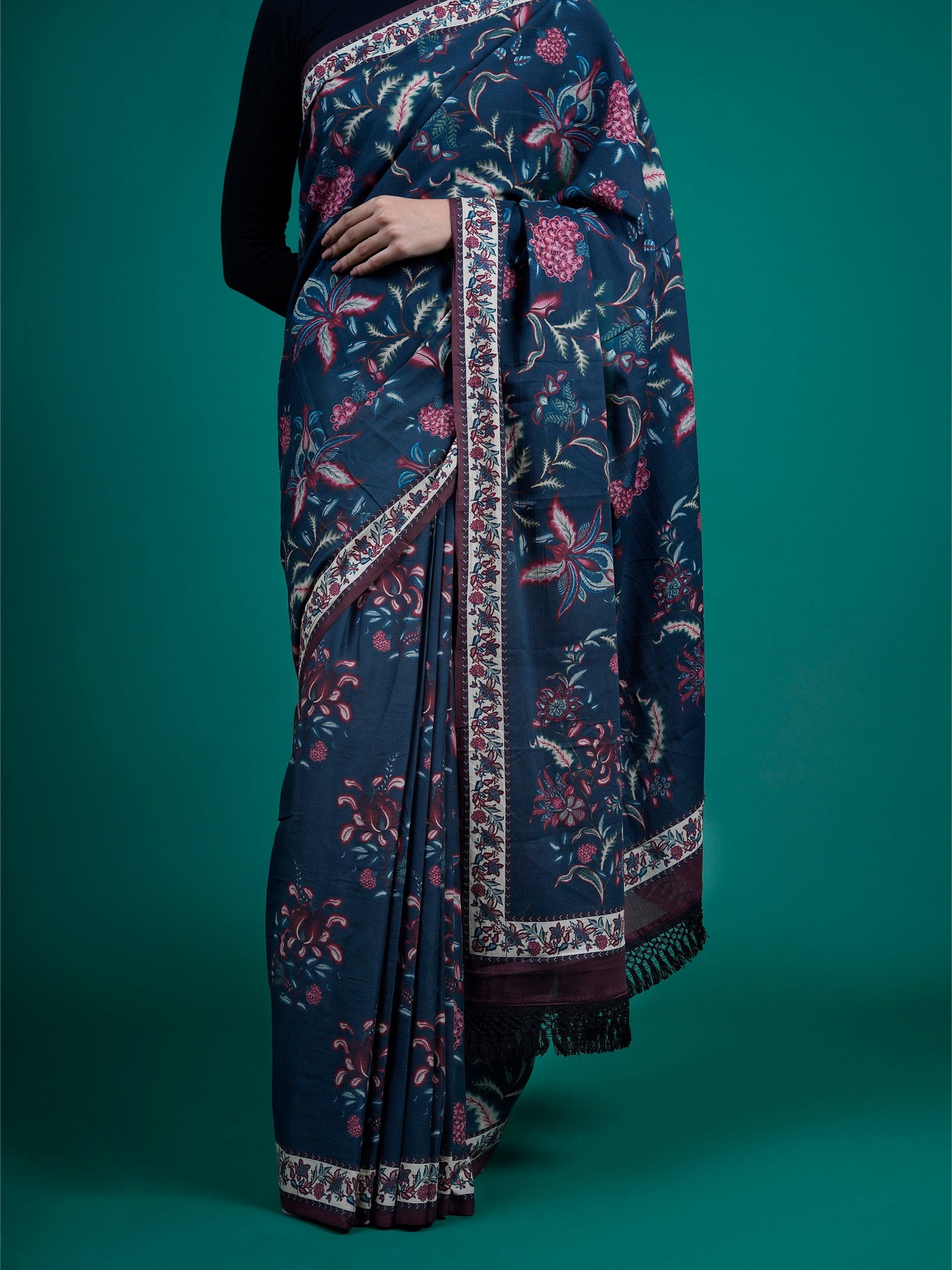 Buta Buti Blue Color Floral Printed Pure Cotton Saree With Unstitched Blouse And lace