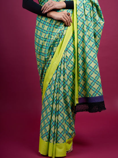 Buta Buti Checked Printed Cotton Saree With Tassels Embellishment