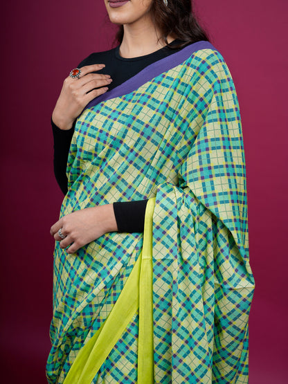 Buta Buti Checked Printed Cotton Saree With Tassels Embellishment