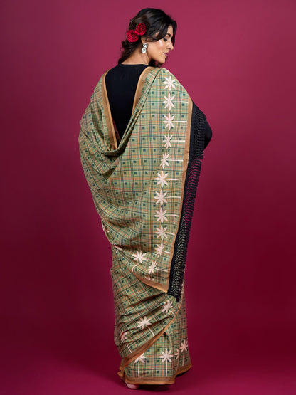 Buta Buti Checked Printed Cotton Saree With Tassels Embellishment