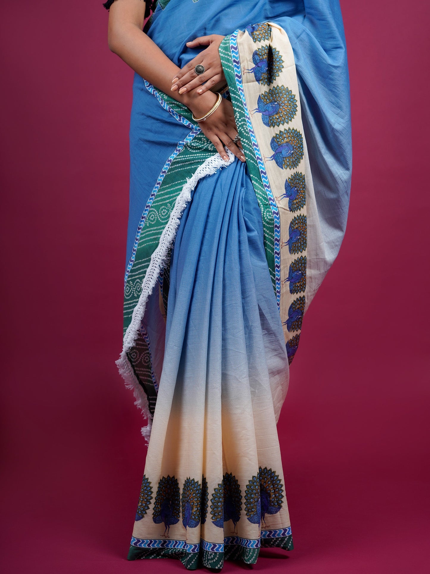 Botanical Cotton Saree with Tassels