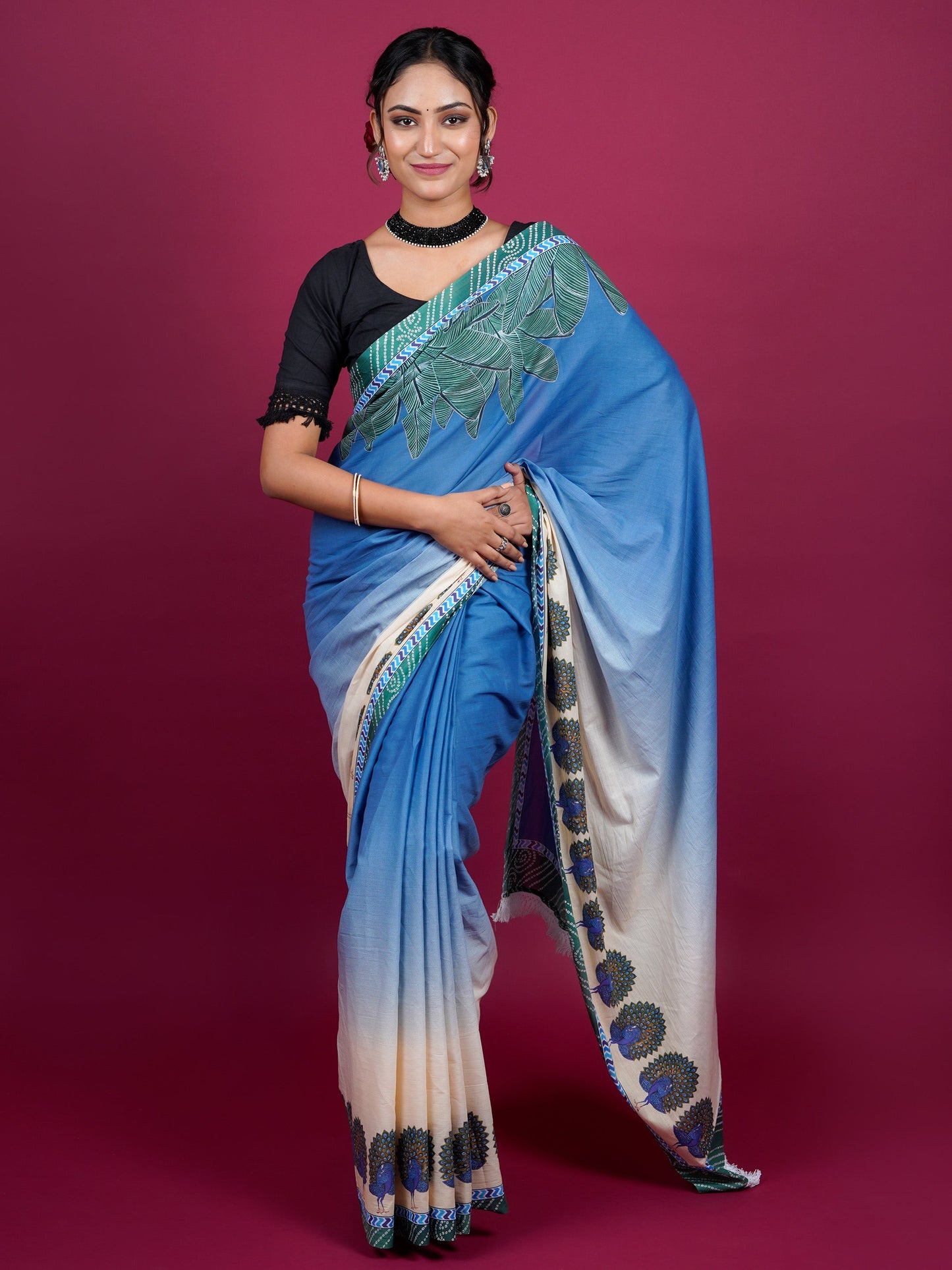 Botanical Cotton Saree with Tassels