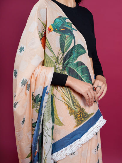 Buta Buti Botanical Printed Cotton Saree With Tassels Embellishment