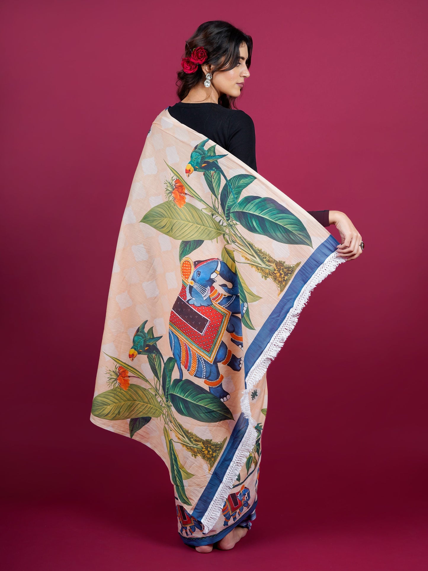 Buta Buti Botanical Printed Cotton Saree With Tassels Embellishment