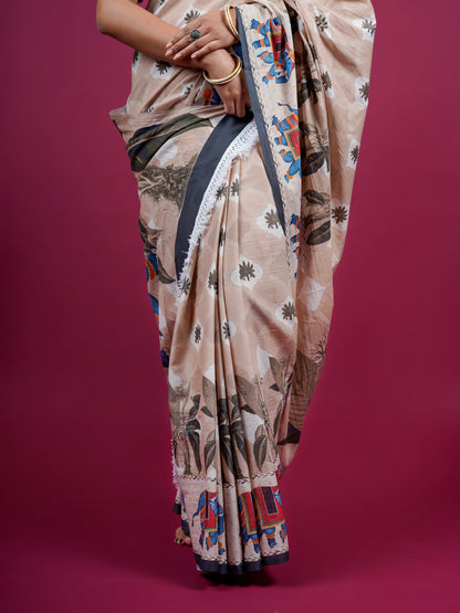 Buta Buti Botanical Printed Cotton Saree With Tassels Embellishment