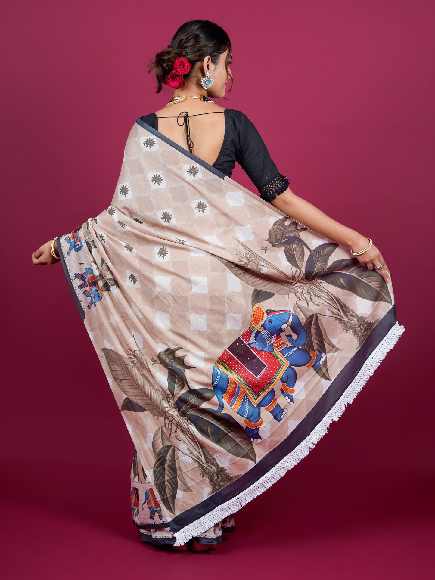 Buta Buti Botanical Printed Cotton Saree With Tassels Embellishment