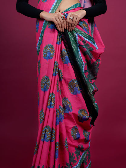 Buta Buti Peacock Printed Cotton Saree With Tassels Embellishment