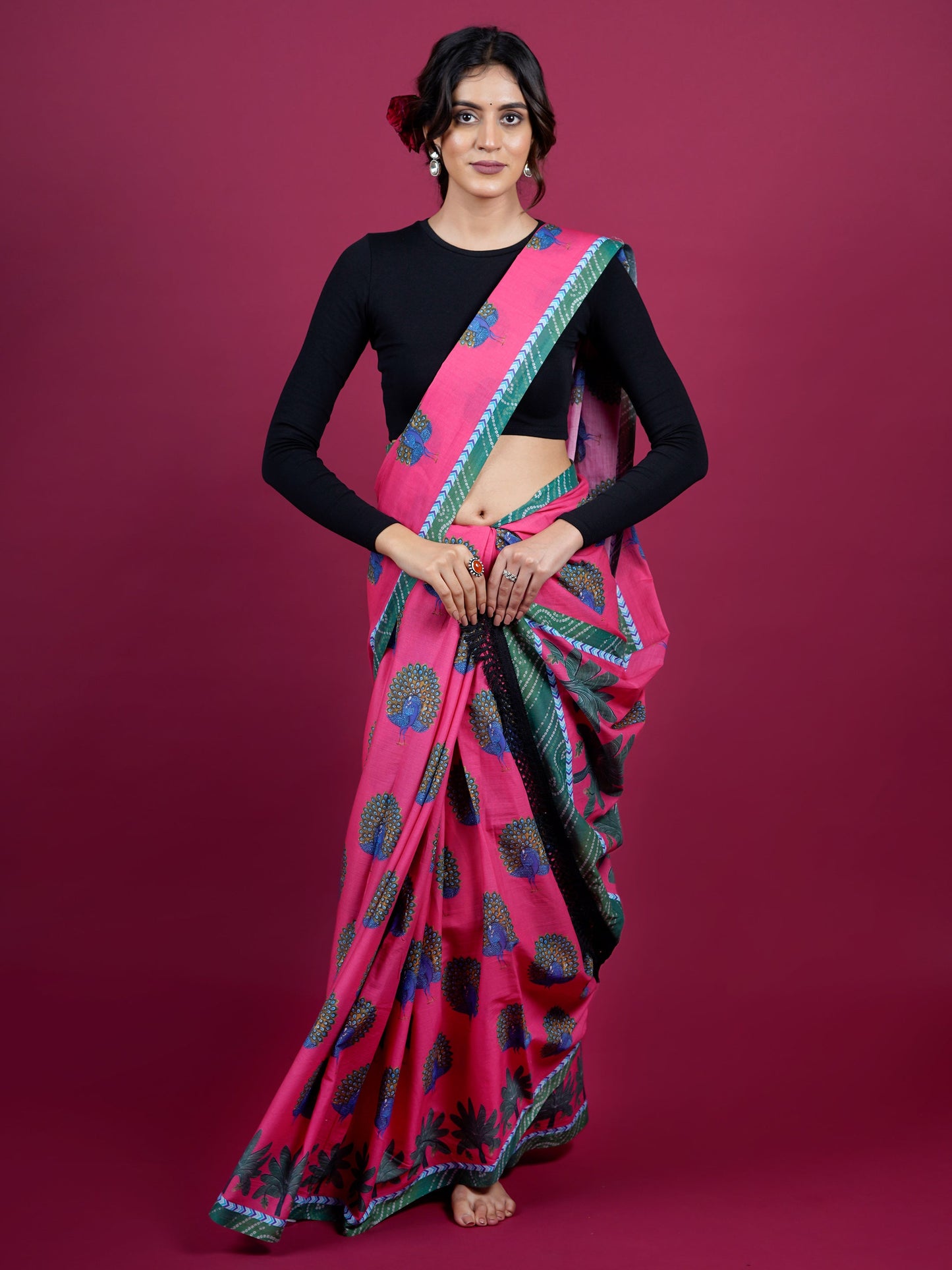 Buta Buti Peacock Printed Cotton Saree With Tassels Embellishment