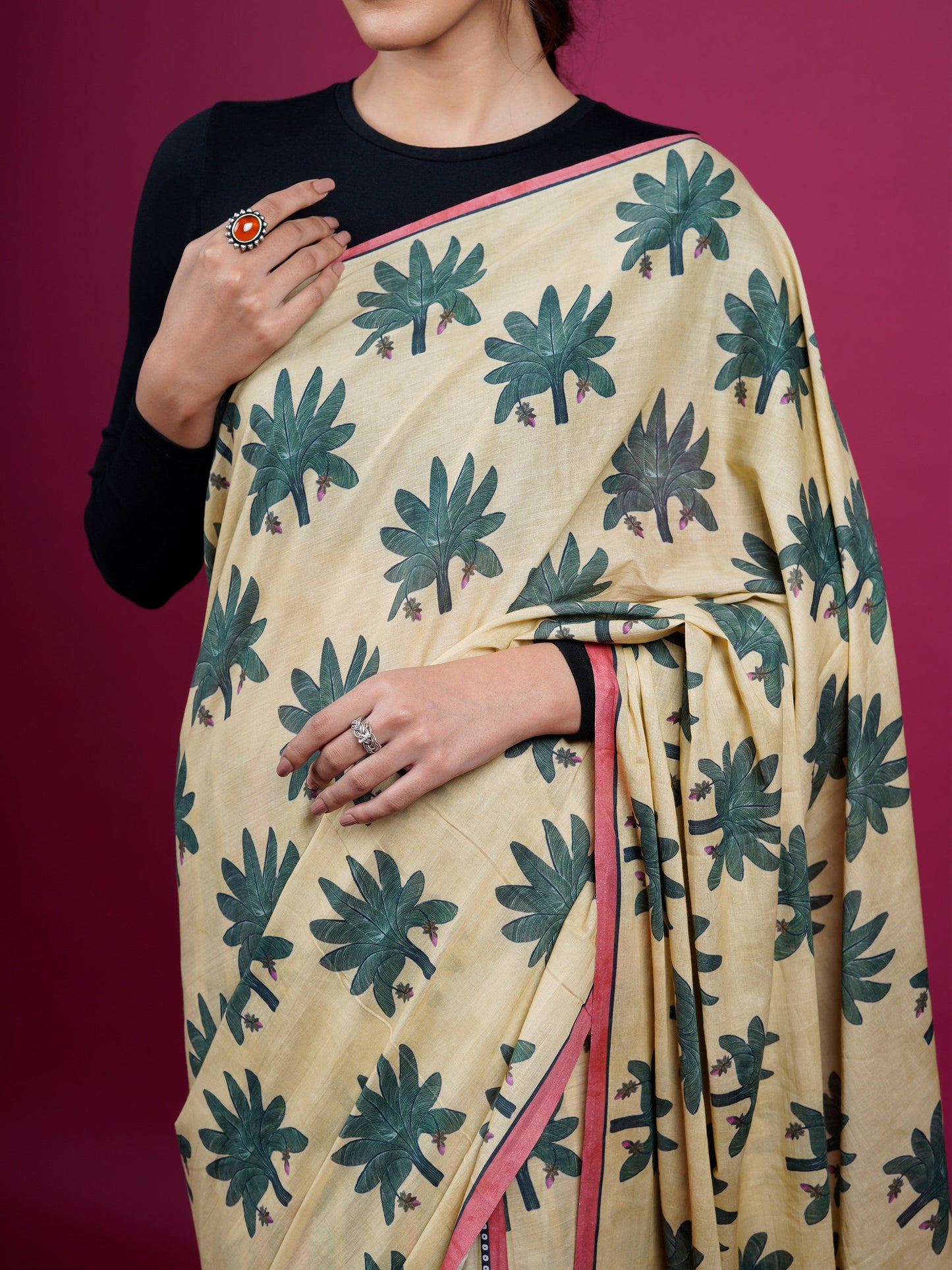 Buta Buti Botanical Printed Cotton Saree With Tassels Embellishment