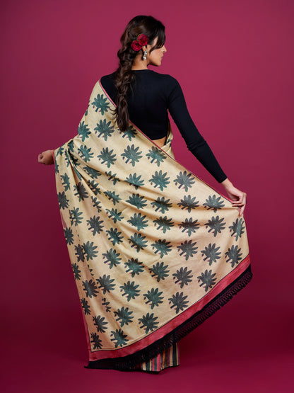 Buta Buti Botanical Printed Cotton Saree With Tassels Embellishment