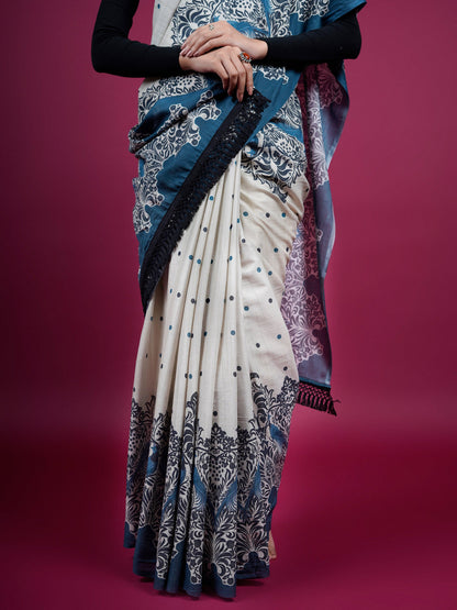 Buta Buti Ethnic Printed Cotton Saree With Tassels Embellishment