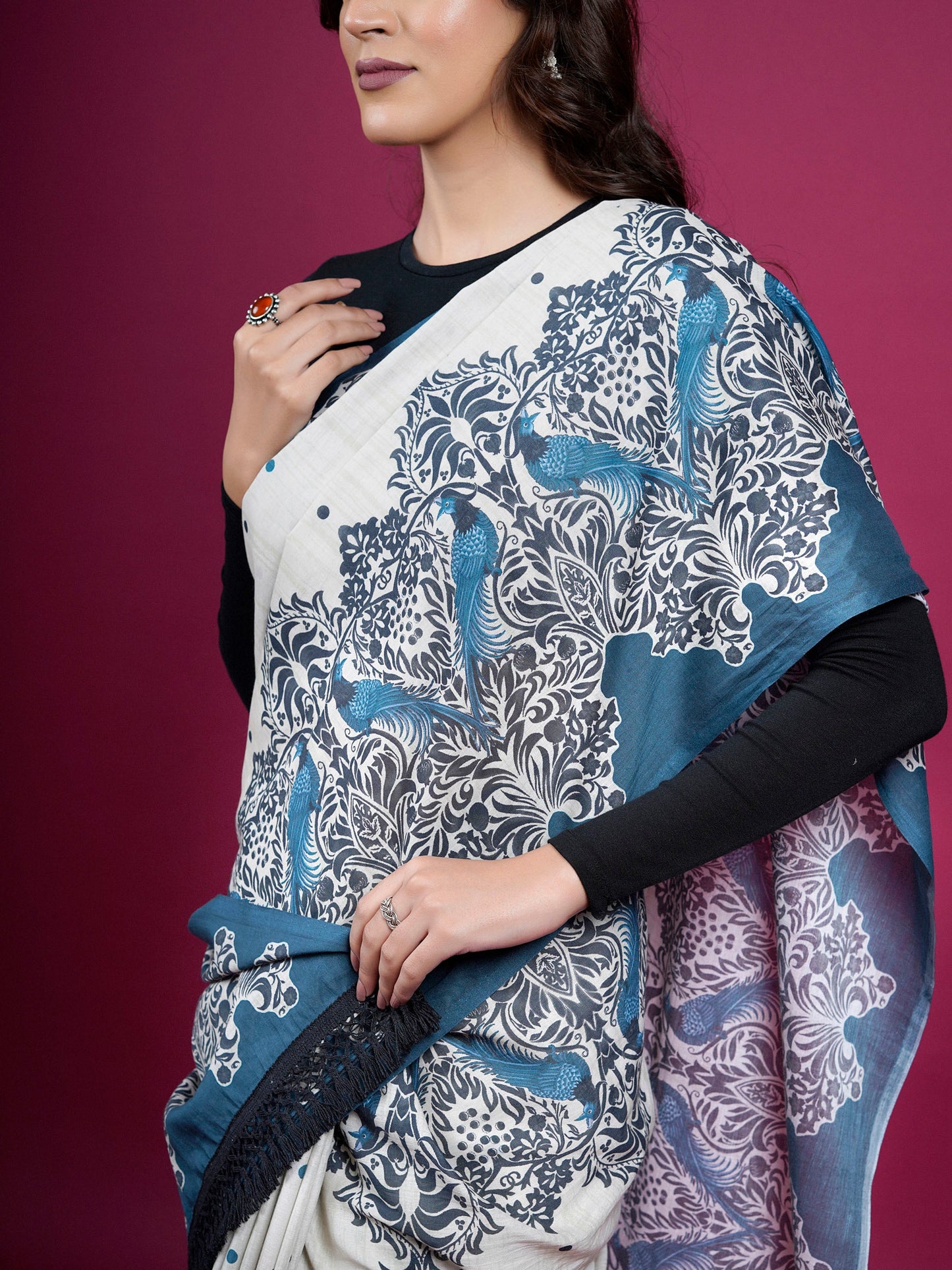 Buta Buti Ethnic Printed Cotton Saree With Tassels Embellishment