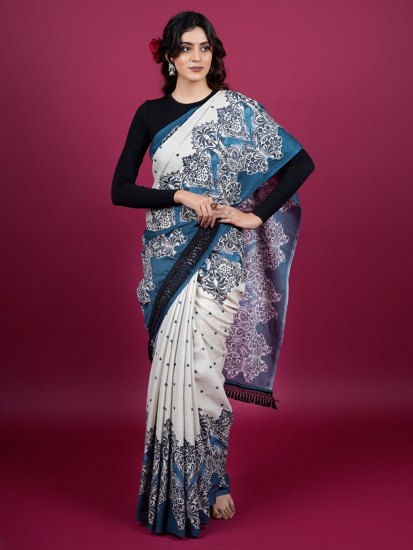 Buta Buti Ethnic Printed Cotton Saree With Tassels Embellishment