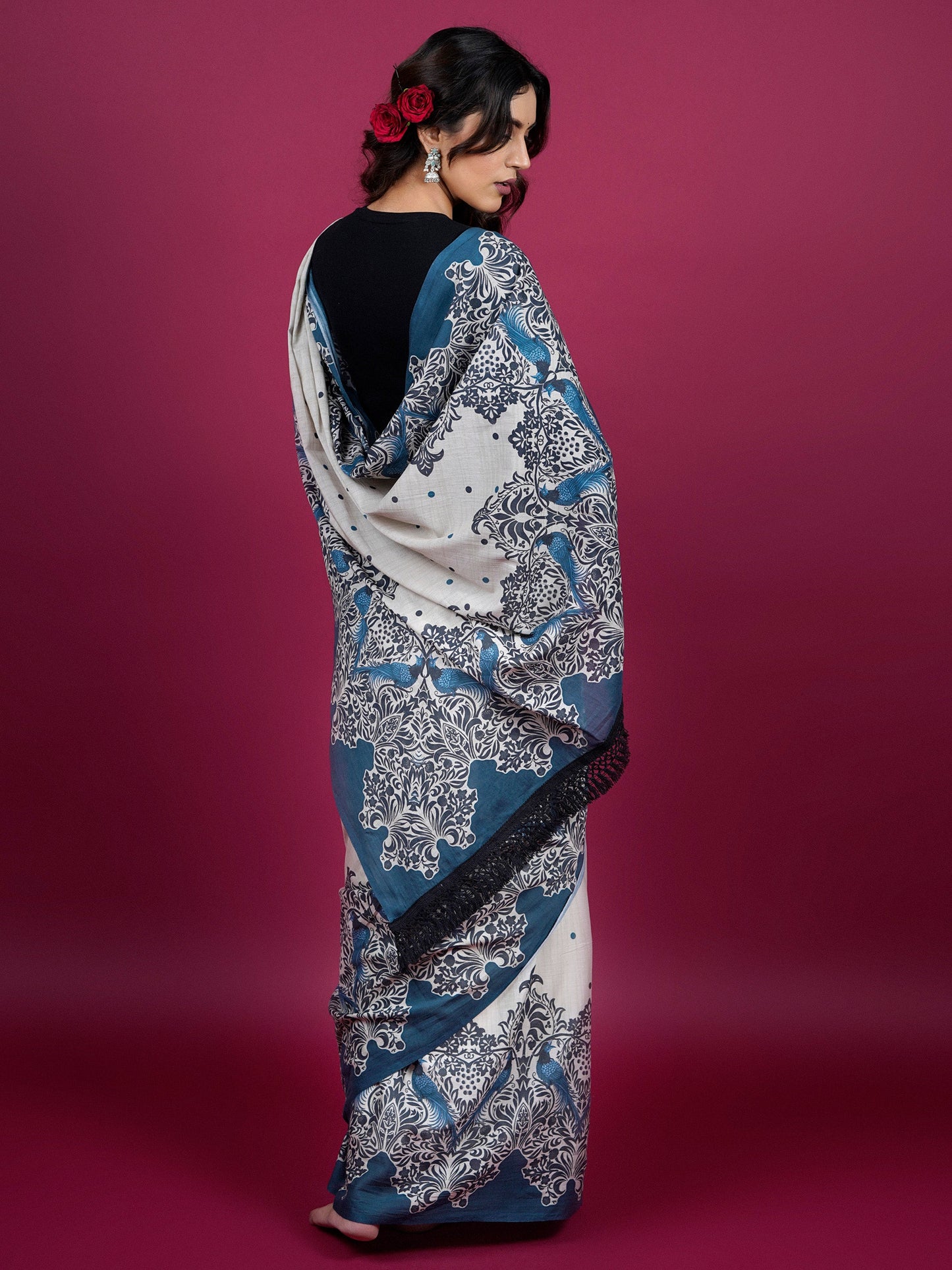 Buta Buti Ethnic Printed Cotton Saree With Tassels Embellishment