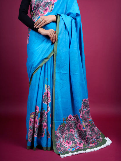 Buta Buti Floral Printed Cotton Saree With Tassels Embellishment