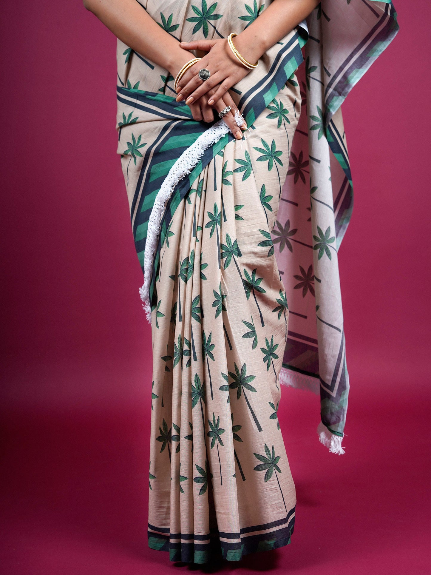 Buta Buti Botanical Printed Cotton Saree With Tassels Embellishment