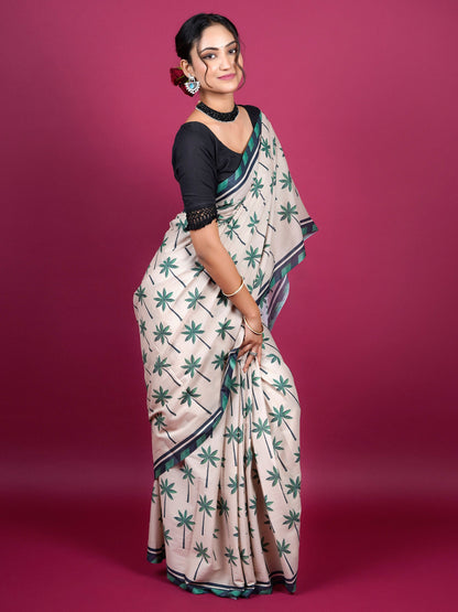 Buta Buti Botanical Printed Cotton Saree With Tassels Embellishment