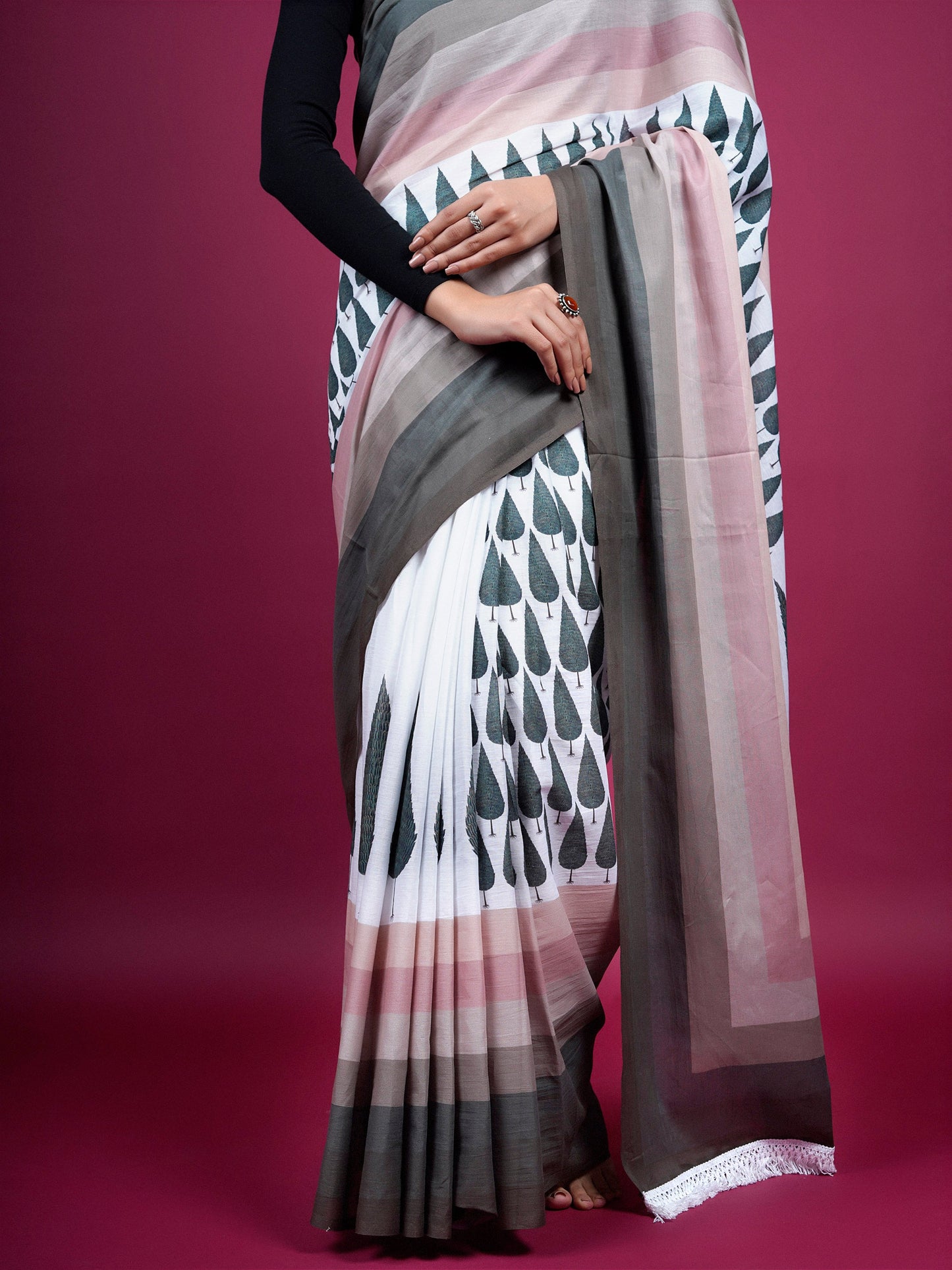 Buta Buti Botanical Printed Cotton Saree With Tassels Embellishment