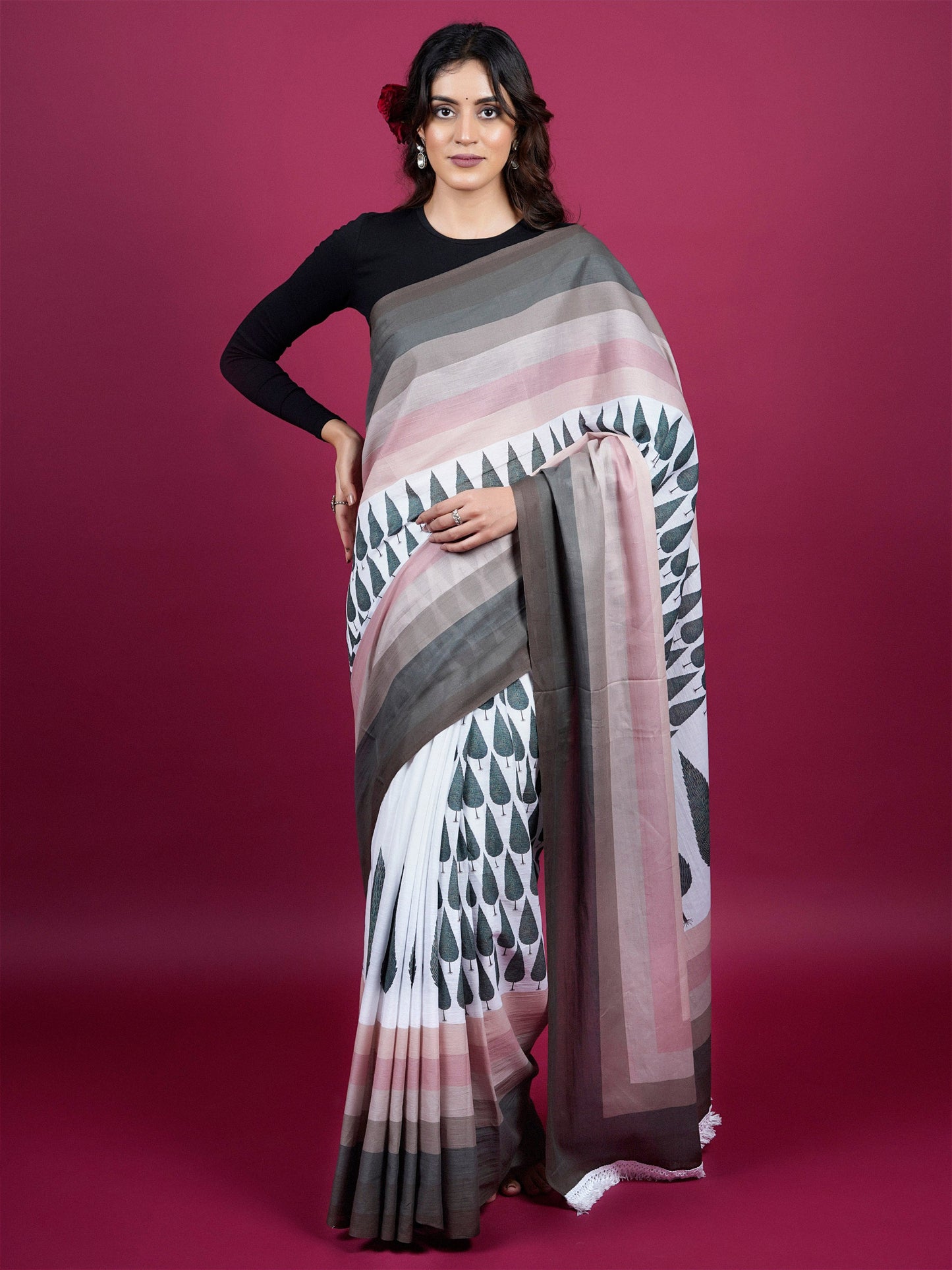 Buta Buti Botanical Printed Cotton Saree With Tassels Embellishment