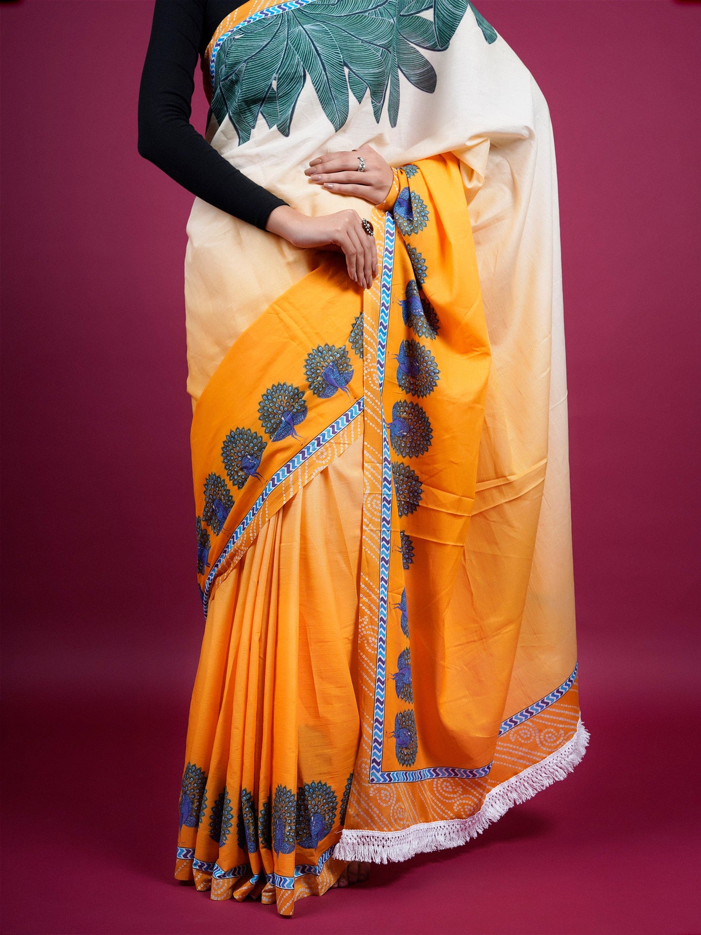 Buta Buti Botanical Printed Cotton Saree With Tassels Embellishment